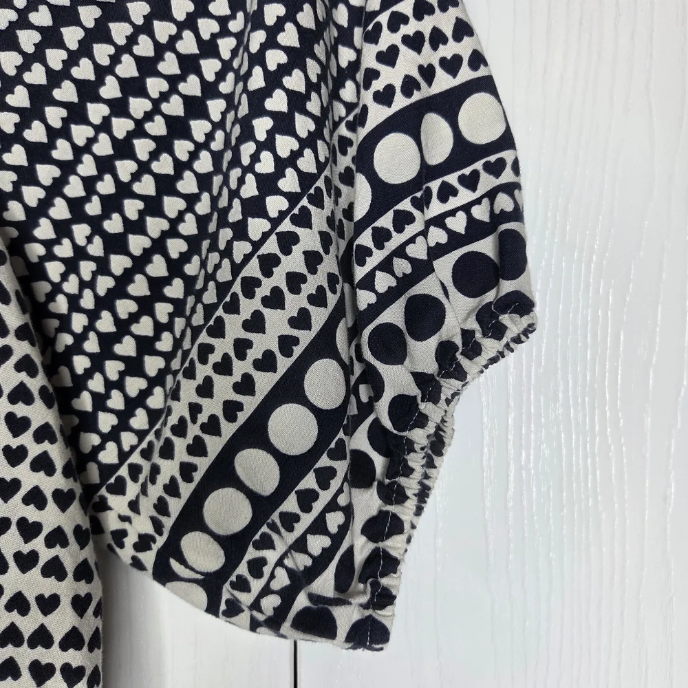 LOFT Navy Blue & White Heart-Print Puff Sleeve Blouse-Size XS Petites